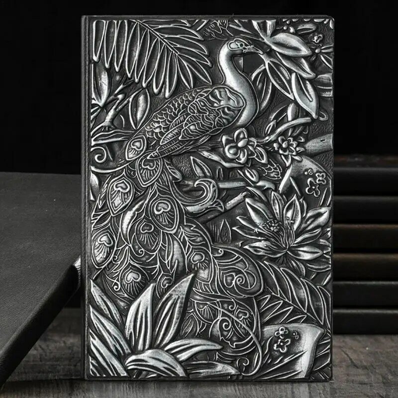 Cadernos de couro vintage, capa dura, padrão Peafowl, 200 páginas, A5, gravado 3D, escrita