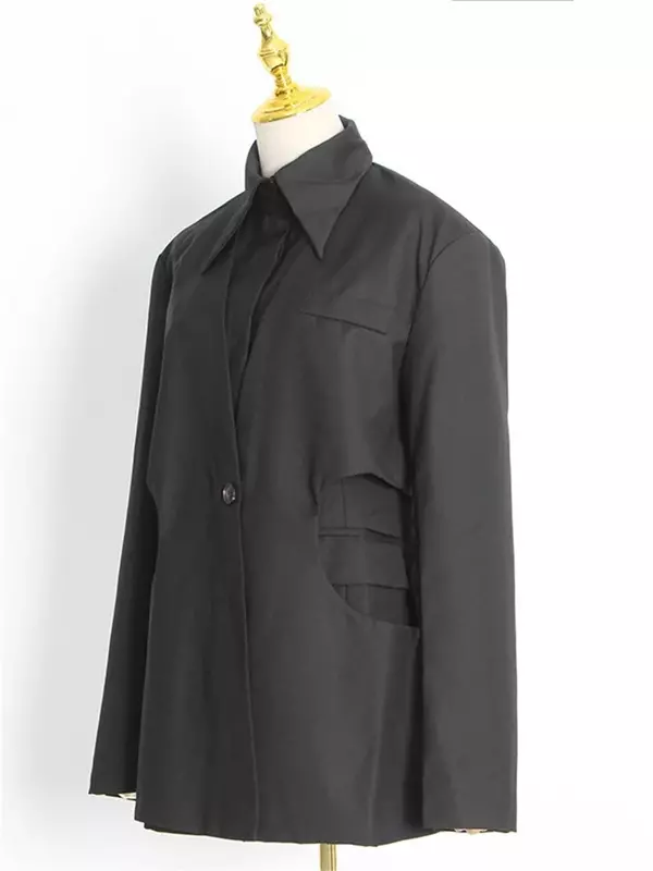 Czarne kobiety garnitury 1 sztuka żakiet z dzianiny dresowej formalne biuro pani odzież robocza gorąca dziewczyna koszula kołnierzyk płaszcz jesienny strój