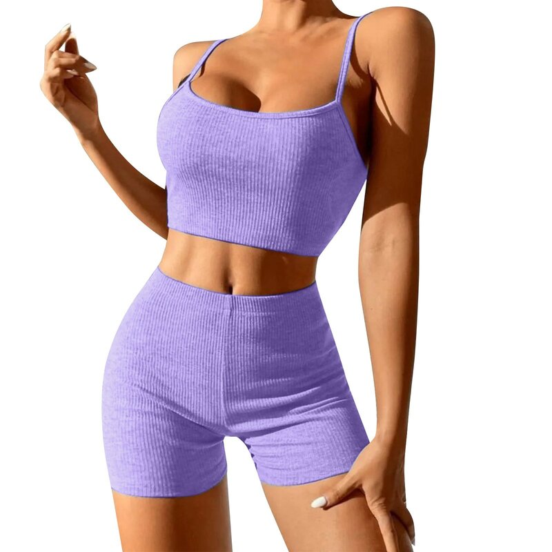 Ribbed rajutan 2 potong set desain kepribadian seksi Suspender tanpa lengan celana pendek pakaian mode Yoga olahraga Bodycon