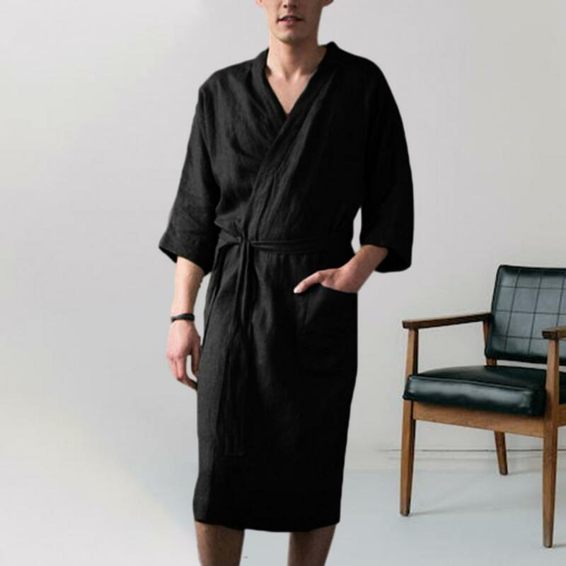 Adjustable Belt Nightgown Men's Lace Up Cardigan Bathrobe with Three Quarter Sleeves Pockets Soft Super Absorbent for Men
