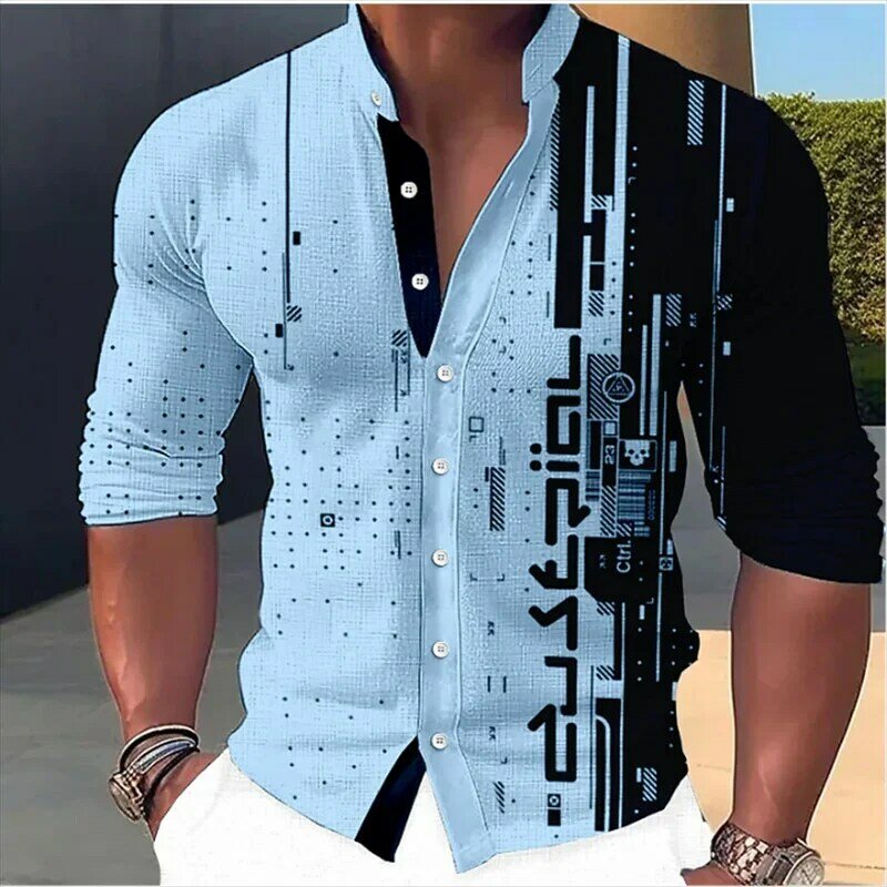남성용 기하학 무늬 프린트 스탠드 업 칼라 긴팔 셔츠, 파란색 야외 거리 의류, 편안한 원단 XS-6XL, 2024