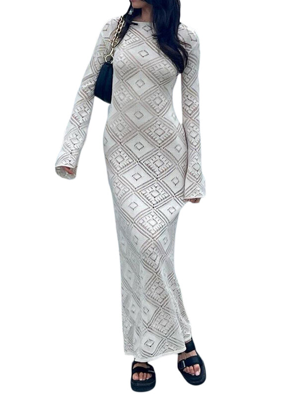 Женское элегантное Кружевное облегающее платье с открытыми плечами, ажурное облегающее платье с длинным рукавом и V-образным вырезом, вечерняя Клубная одежда для вечеринки