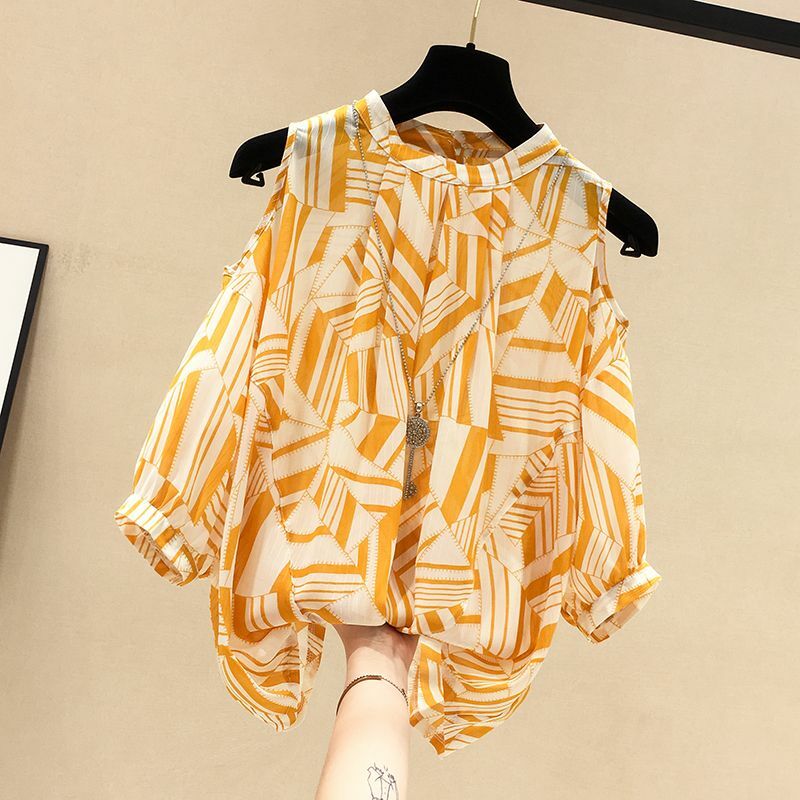 Korean Loose Printing Fashion Off Shoulder Women Blouse Casual All-match Short Sleeve Round Neck Shirt Summer Female Clothing