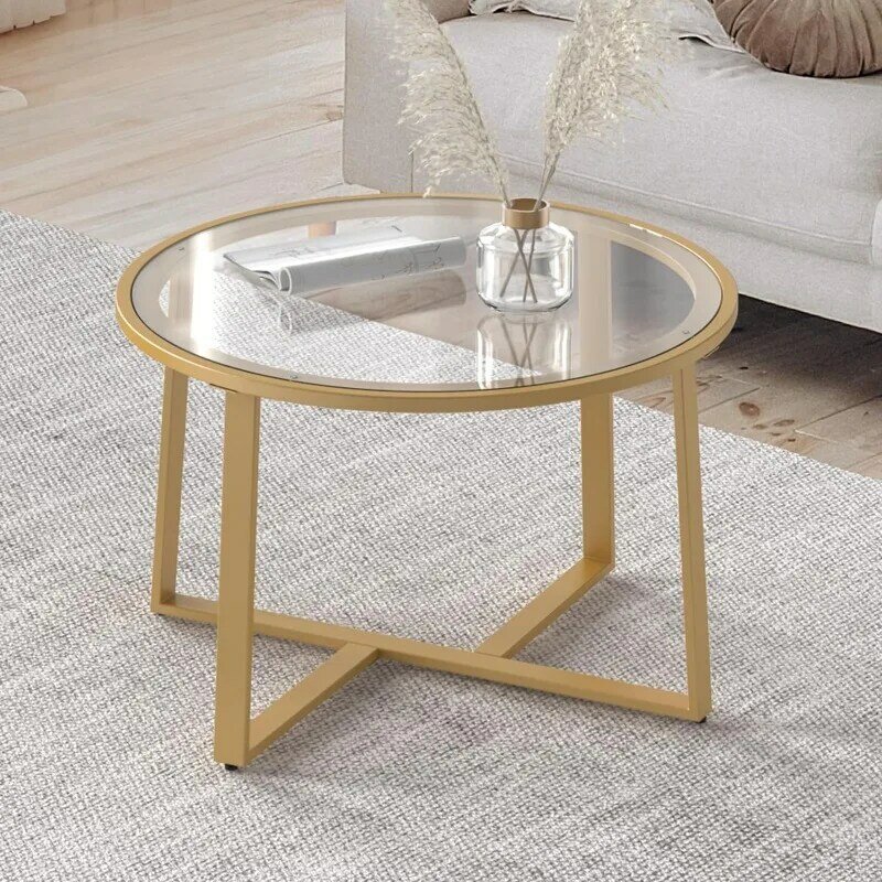 Round Glass Coffee Table, Gold Coffee Table with Tempered Clear Glass Surface for Living Room, Simple & Modern Center Circle
