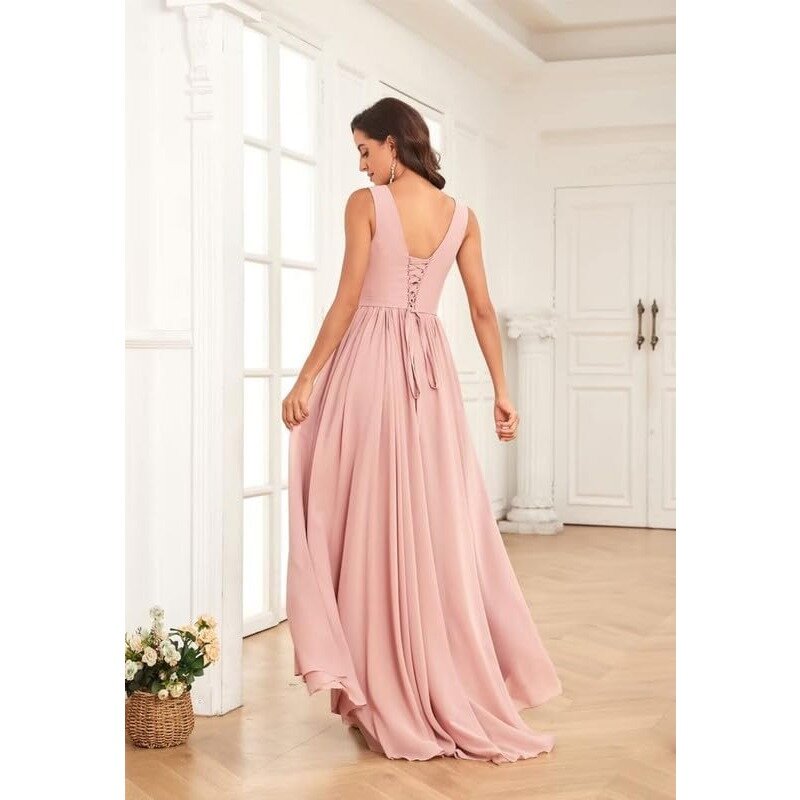 Wakuta V Neck Chiffon Bridesmaid Dress with Slit A Line Mother of the Bride Formal Prom Evening Gowns for Wedding