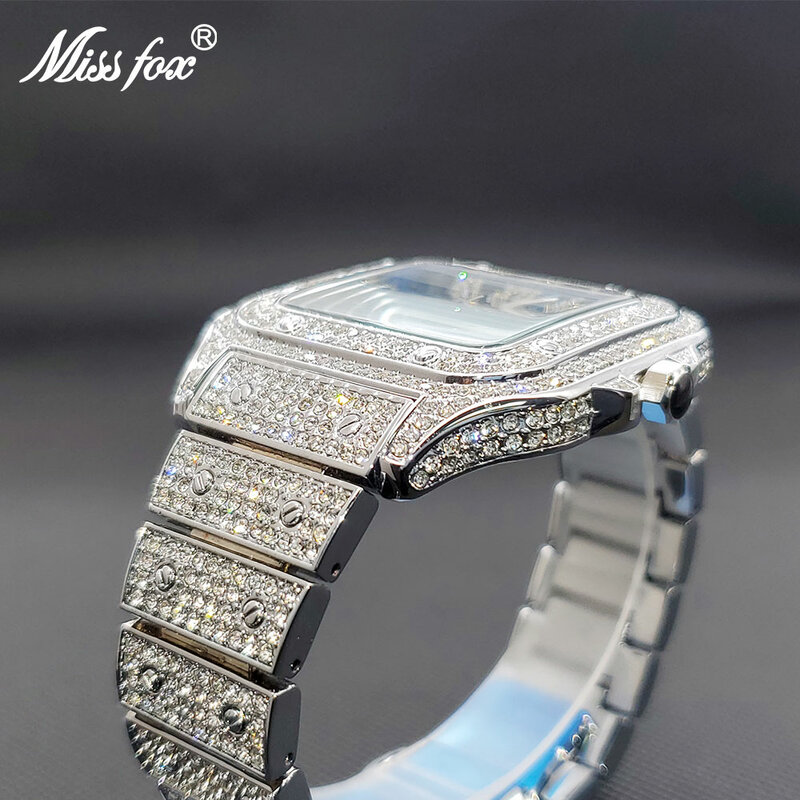 Zegarki kwarcowe luksusowe Iced Out w kolorze niebieskiego diamentu Dial kwadratowy zegarek dla mężczyzn kobiety Party biżuteria wodoodporny Unisex zegar kochanka prezent