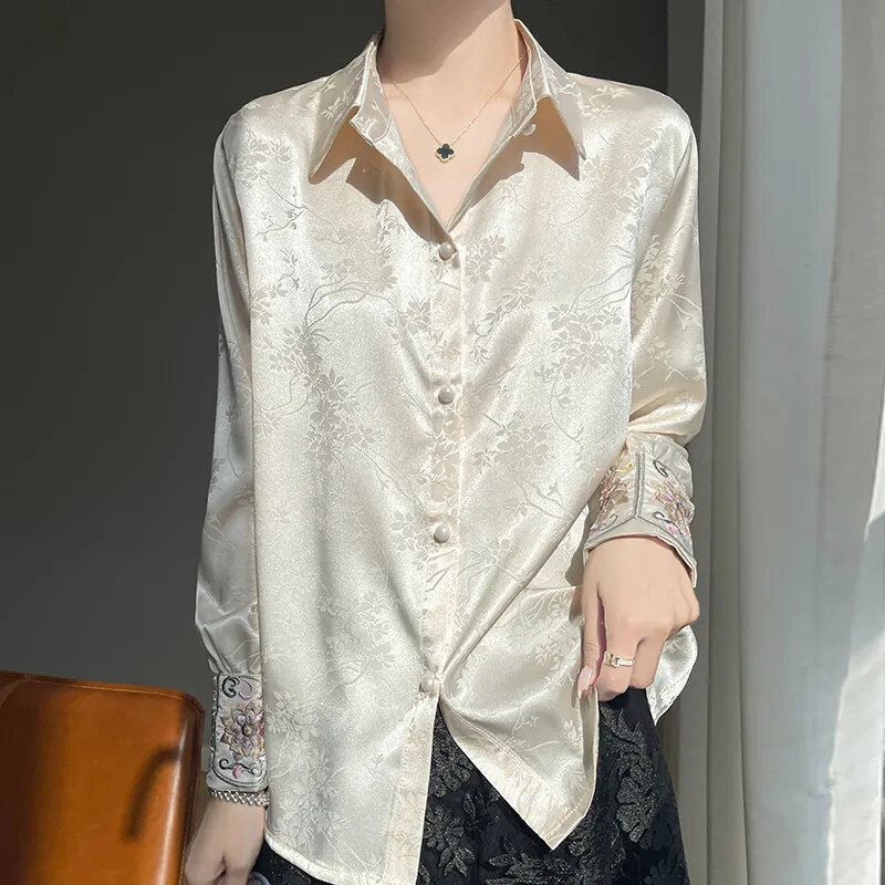 New Acetic Satin Jacquard Shirt Women Spring Summer 2024 New Retro Chinese Style Tang Dress Top Design Long Sleeve Shirt Female
