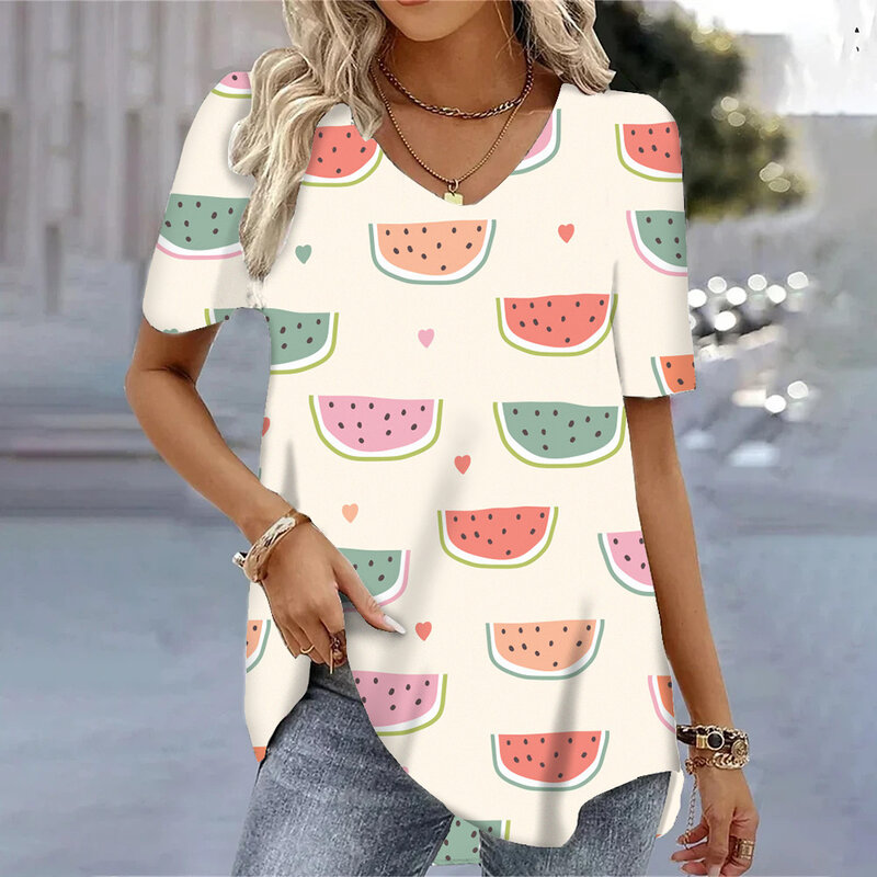 Magliette con scollo a v da donna stampate con anguria 3D magliette estive a maniche corte fresche magliette Casual allentate di moda magliette femminili