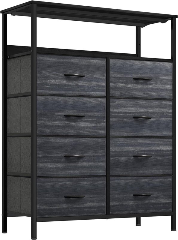 8-Drawer Fabric Dresser with Shelves, Furniture Storage Tower Cabinet, Organizer for Bedroom,, Easy Pull Fabric Bins(Black Grey)