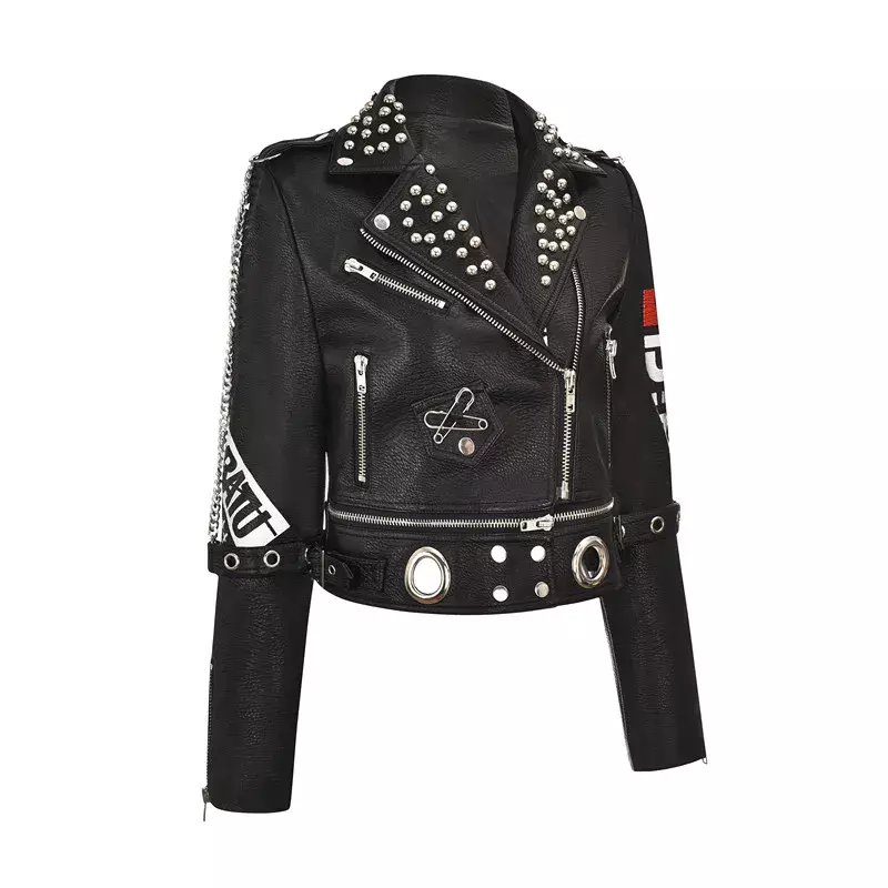 Черная облегающая укороченная мотоциклетная кожаная куртка для женщин, новинка 2024, уличная одежда, куртка в стиле рок-панк с принтом и шипами, кожаная куртка