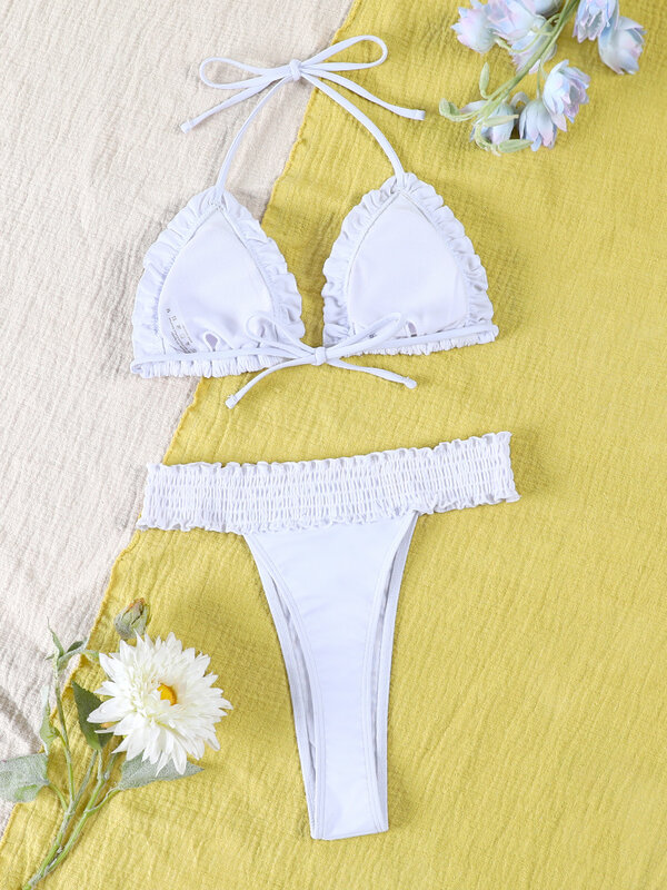 Biquínis Ruffle branco para Mulheres, Sexy Triângulo Swimwear, Conjunto de Biquíni Brasileiro, Maiô, Thong Swimsuits Feminino