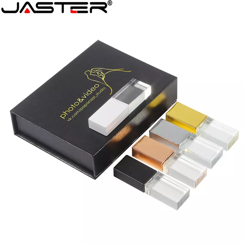 JASTER-محرك فلاش USB كريستالي مع صندوق ورقي ، عصا ذاكرة ، هدية زفاف ، شعار مخصص مجاني ، سرعة عالية ، 8 جيجابايت ، GB ، 64 جيجابايت