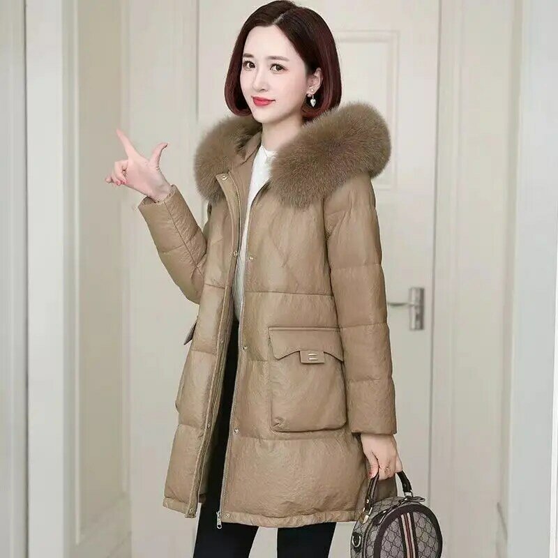 女性の革の毛皮の襟のコート,大きいサイズ,ミディスタイル,偽のキツネの髪,冬の服,2023