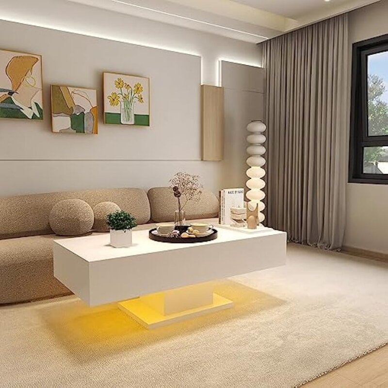 Modern LED Coffee Table High Gloss Coffee Table with LED Light Modern Central Living Room, RGB Light with Remote Control
