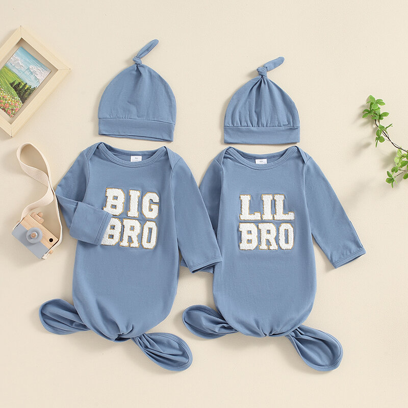 VISgogo Baby Knotted Gown with Hat Long Sleeve Letter Embroidery Newborn Sleeper Sleeping Bag Cap Set for Boys Girls