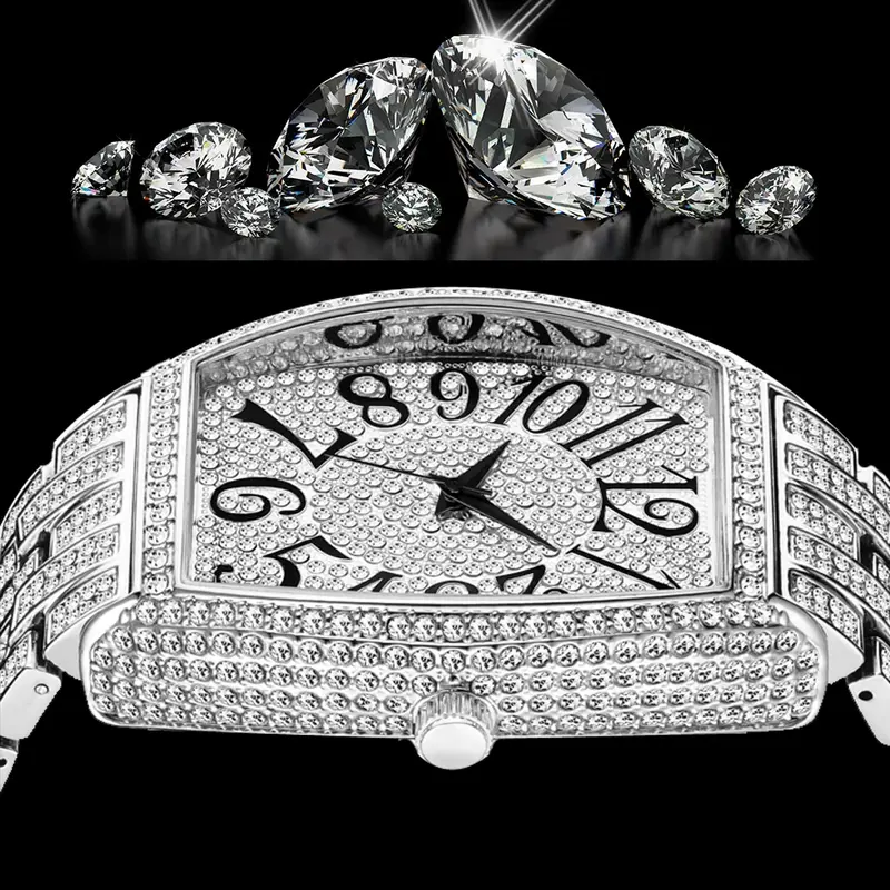 Iced Out Watch for Men Silver Stainless Steel Mens Watch Hip Hop Quartz Wristwatch Classic Tonneau Full Diamond Watch Man Clock