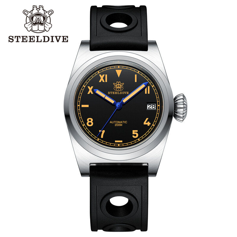 SD1904 jam tangan STEELDIVE pria, arloji gerakan otomatis mahkota besar menyelam 200M tahan air 38mm desain sederhana untuk lelaki