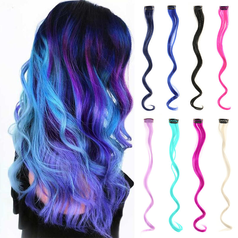 Arco-íris extensões de cabelo clip-in hairpiece para meninas, cabelo sintético acessórios, 22 ", onda do corpo, encaracolado, ondulado clip-in, 1 pc