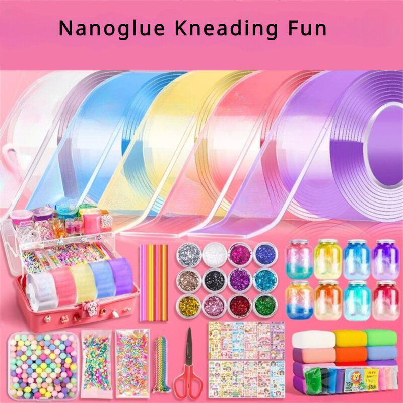 PET Nano Glue amasar música, cinta de doble cara, soplar burbujas, juego completo de Nano Tape, soplar burbujas, descompresión, pegatinas de juguete