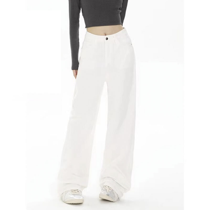 Y2 K-Stijl Jeans Met Hoge Taille En Wijde Pijpen, Witte Herfstmode Design, Zintuiglijke Broek Voor Dames, Chique Basic Harajuku-Denimbroek