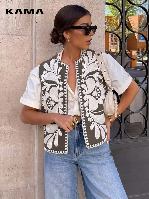 KAMA-Chaleco Corto con bordado Floral para mujer, chaqueta Vintage de estilo nacional, informal, elegante, 2024