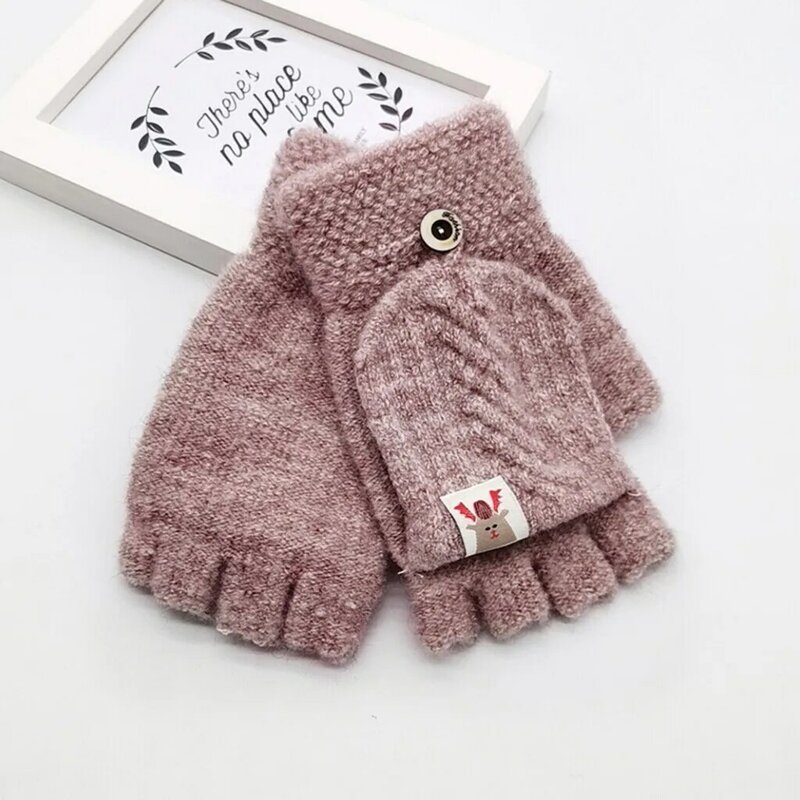Cute Cartoon Soft Children Knitted Gloves Thicken Boys Girls Baby Mittens Winter Outdoor Kids Half Finger Flip Gloves guantes