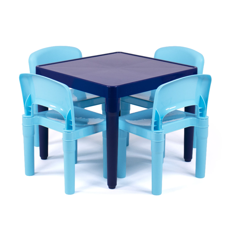 BOUSSAC 어린이용 경량 플라스틱 테이블 및 의자 4 개 세트, 사각형, 멀티 블루