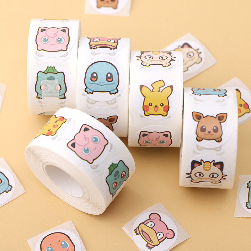 500PCS Anime Cute Pokemon Stickers Kawaii Pikachu Charizard Round Seal Stickers Rolls Stickers Graffiti Luggage Stickers Toys