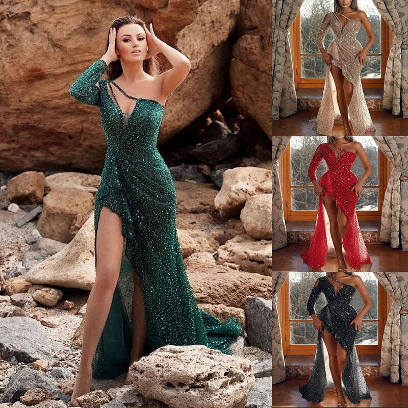 Latest Design Solid Color One Shoulder Shining Sequin Party Dresses High Slit Full Length Maxi Women Sequin Evening Dresses