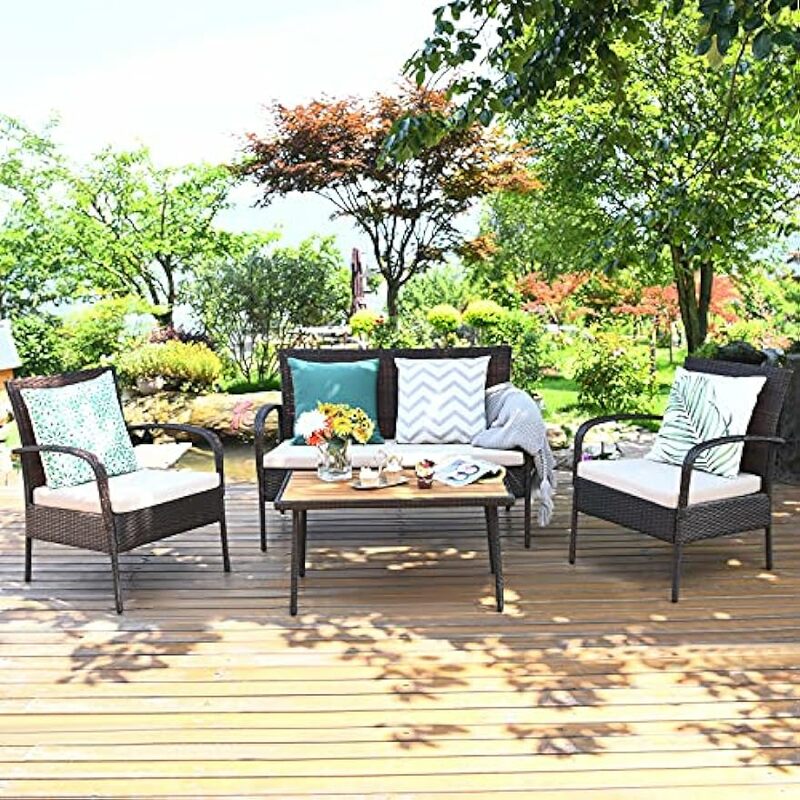 Conjunto de móveis do Rattan do pátio, Conversa ao ar livre com almofadas, Mesa de café Acacia Wood, 1 marrom, 4 pcs
