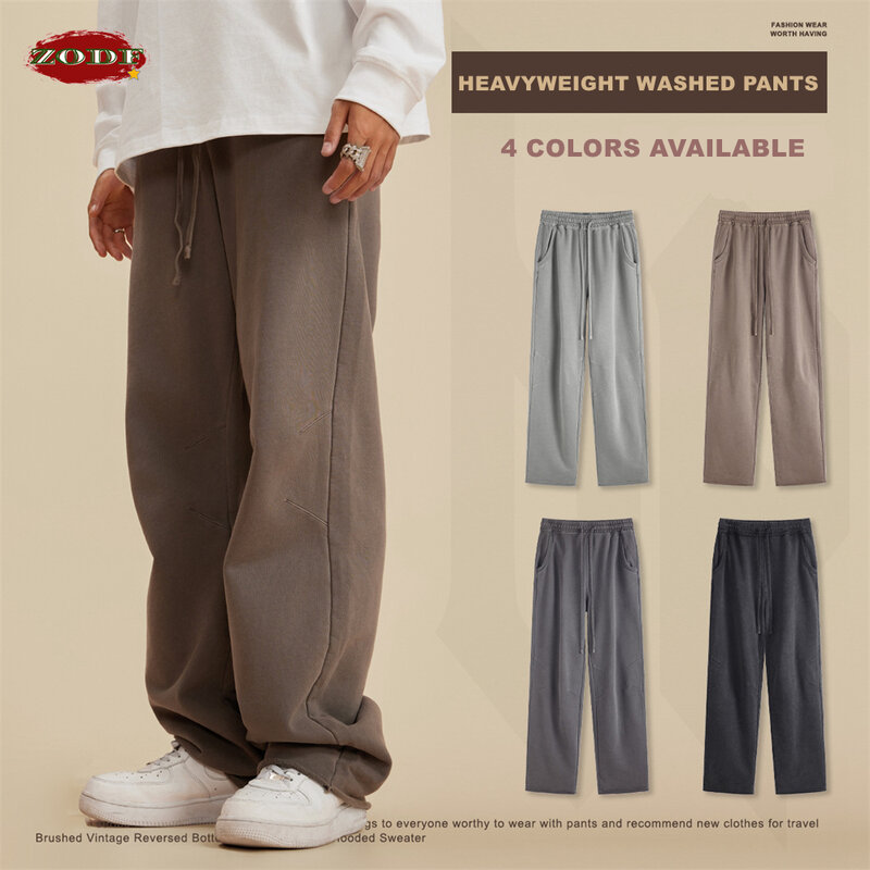 ZODF nowy 2023 mężczyzn prał 380gsm spodnie bawełniane Unisex główna ulica za dużą luźną krawędź prosto spodnie z dzianiny Streetwear HY0608