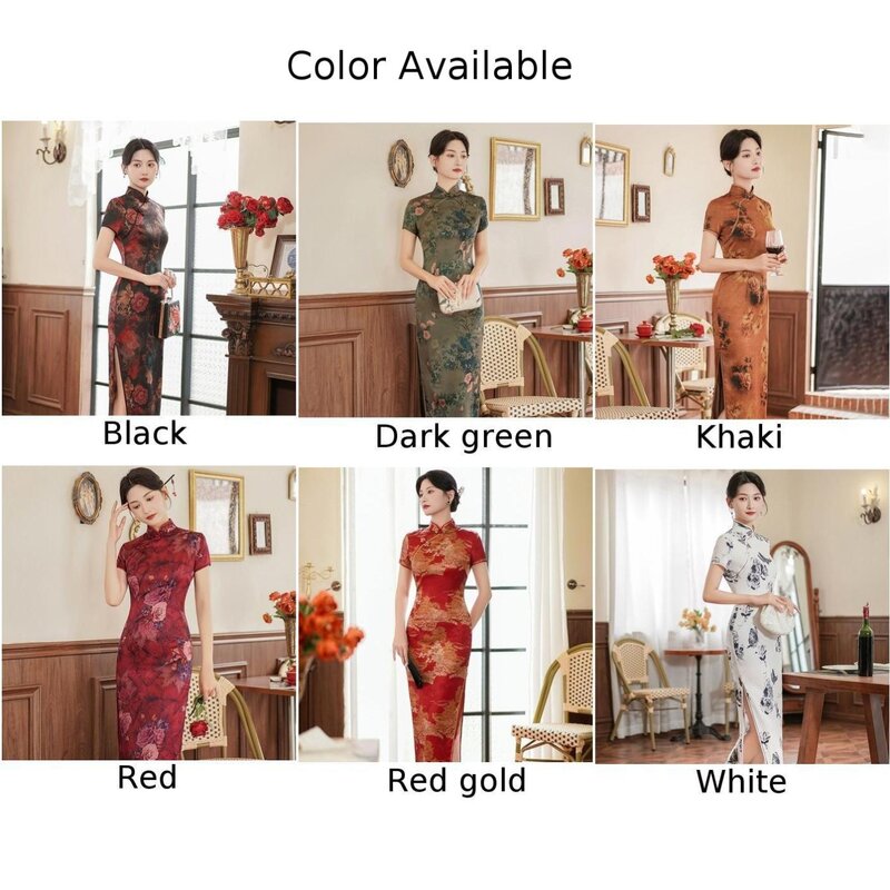 Женское Элегантное Длинное Платье-Ципао красного и золотого цвета из искусственного шелка, женское китайское платье-Ципао для свадебной вечеринки
