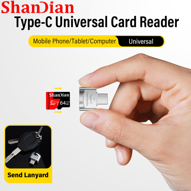 قارئ بطاقات عالمي من النوع C من SHANDIAN-Mini ، سرعة عالية ، معدن ، عصا ذاكرة فضي ، هاتف محمول ، كمبيوتر لوحي ، كمبيوتر