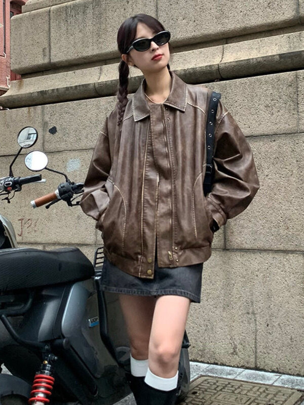 Kurtka motocyklowa w stylu Vintage krótka skórzana zimowe ciepłe damskie luźna, skórzana blezery moda damska koreańska cienka kurtki motocyklowe