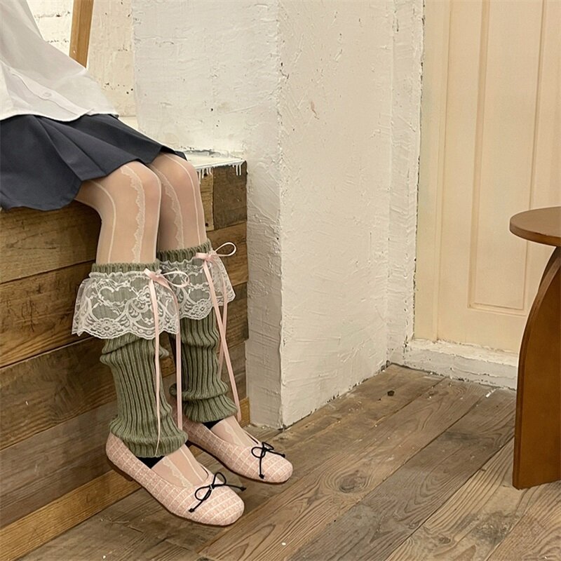 Женские кружевные носки с бантом, вязаные леггинсы с рукавами, леггинсы до колена в рубчик, носки, средней длины, кружевные женские