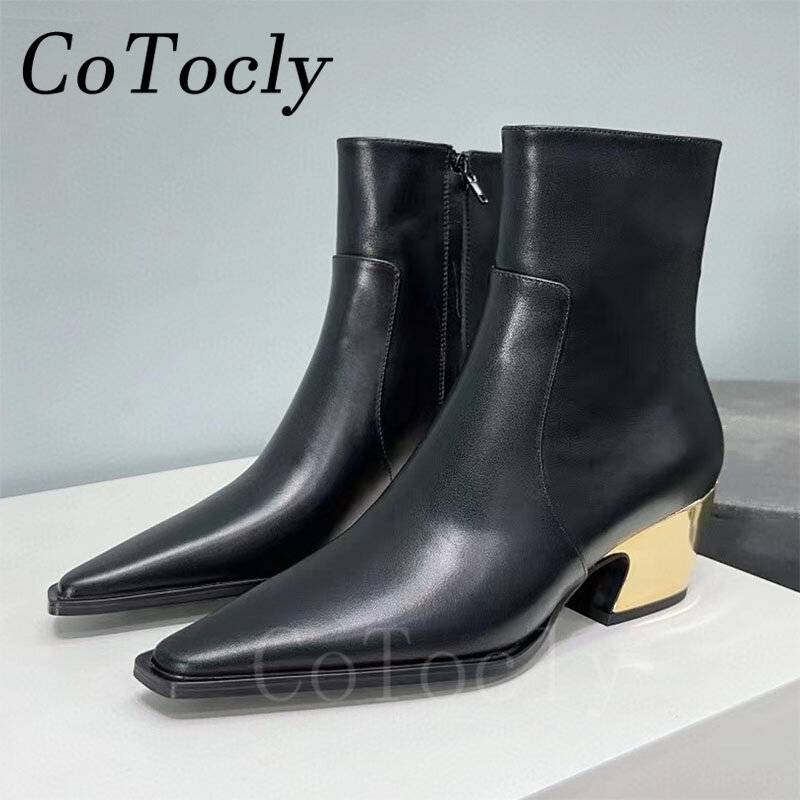 New Square Heels Ankle Boots Women Fashion Pointed Toe Party Shoes Luxury Black Brown Genuine Leather Runway Short Boots Woman