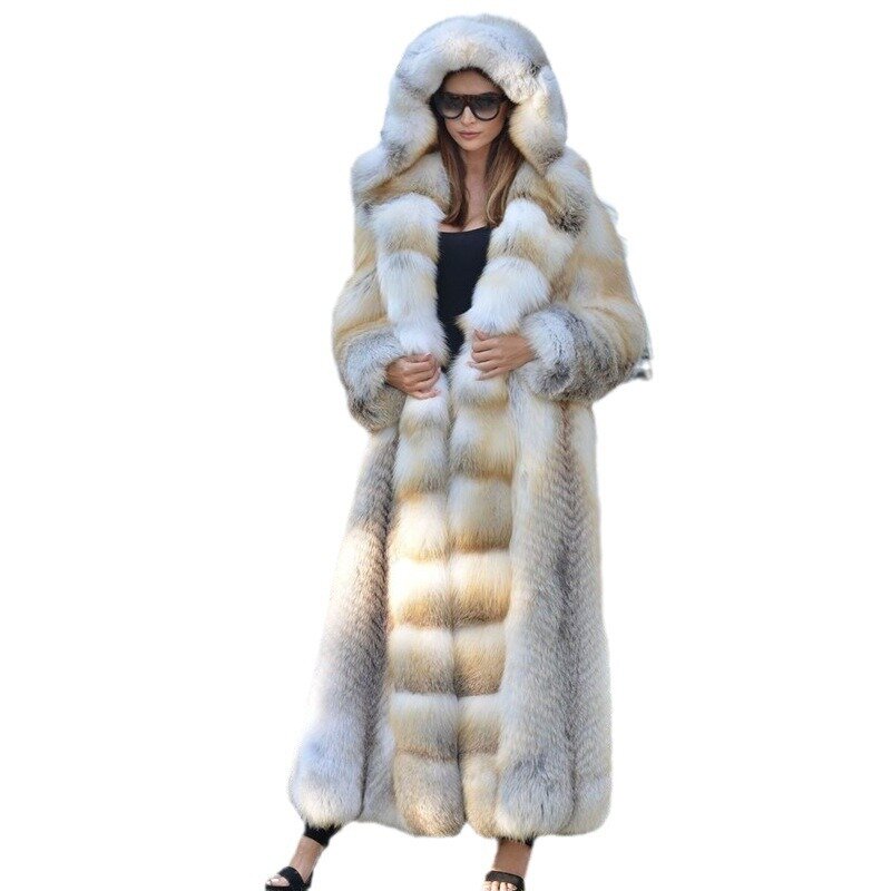 Faux Fur Coat European and American Extended Warm Patchwork Hooded Women's Fur Coat