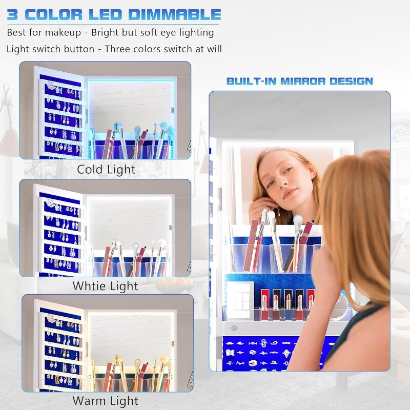 Armario con espejo LED giratorio de 360 °, armario de joyería con Bloqueable, espejo de longitud completa, 3 colores regulables, con estante de almacenamiento trasero