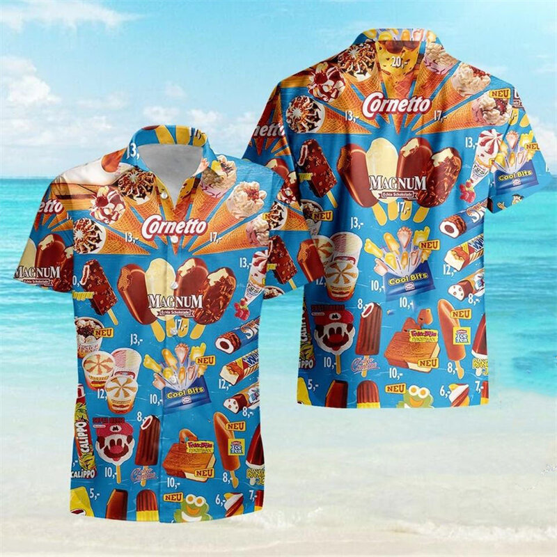 Chemises respirantes imprimées en 3D pour hommes, mode cool, crème glacée, fête sur la plage, manches courtes, été