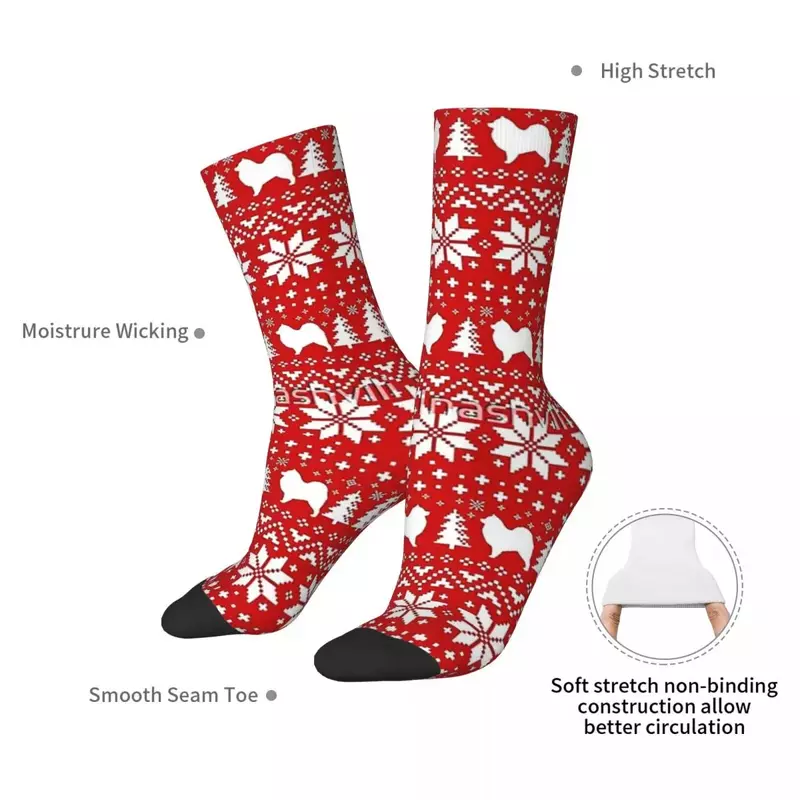 Samoyed Dog silhouettes ถุงเท้ายาวถุงเท้าลายวันหยุดคริสต์มาสสีแดงและสีขาวสำหรับของขวัญวันเกิดของผู้ชายผู้หญิง