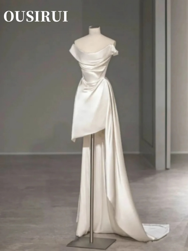 새틴 오프 숄더 비치 로맨틱 웨딩 신부, 짧은 인어 라운드 넥, 밝은 맞춤형 웨딩 원피스