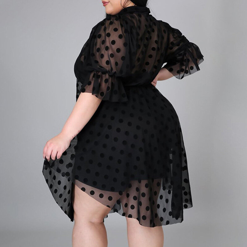 섹시한 플러스 사이즈 메쉬 할로우 원근 불규칙 풀오버 반소매 반소매 미디 드레스 여성용, 붕대 블랙 폴카 도트