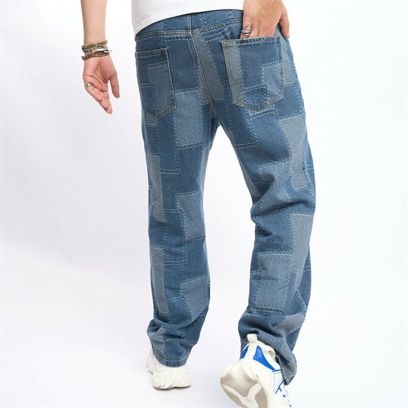 Men Patch Baggy Jeans Trousers Male Stylish Deep Light Blue Color Block Stitching Loose Hip Hop Straight Denim Pants Streetwear