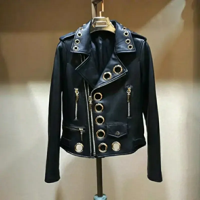 여성용 금속 서클 얇은 PU 가죽 재킷, 짧은 트렌드, 용수철, 올 매치 패션, 2024 신상