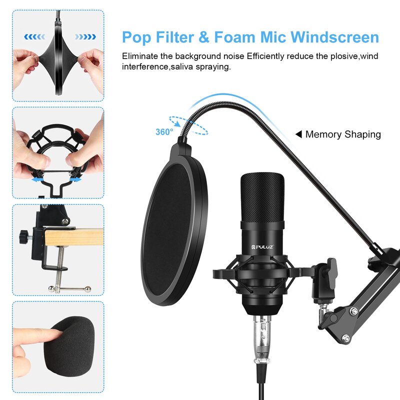 Microfone Condensador Kits com Suspensão Scissor Braço, Metal Shock Mount, USB Sound, Broadcast Singing, Novo