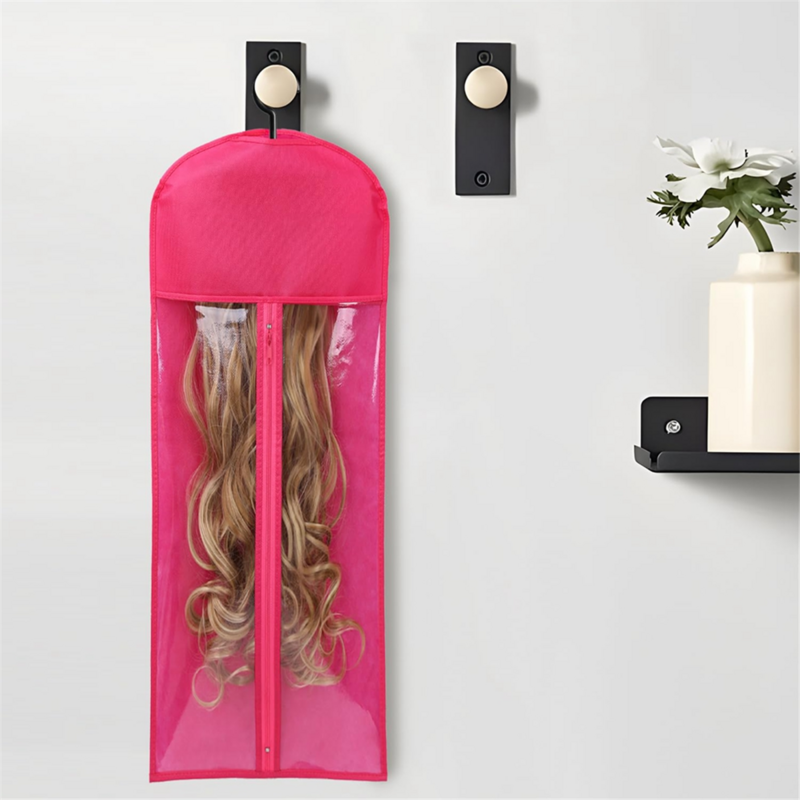 Peruca extra longa cabide e sacos de armazenamento, poeira e impermeável, extensão do cabelo titular, projetado para perucas, rosa vermelha, 3pcs