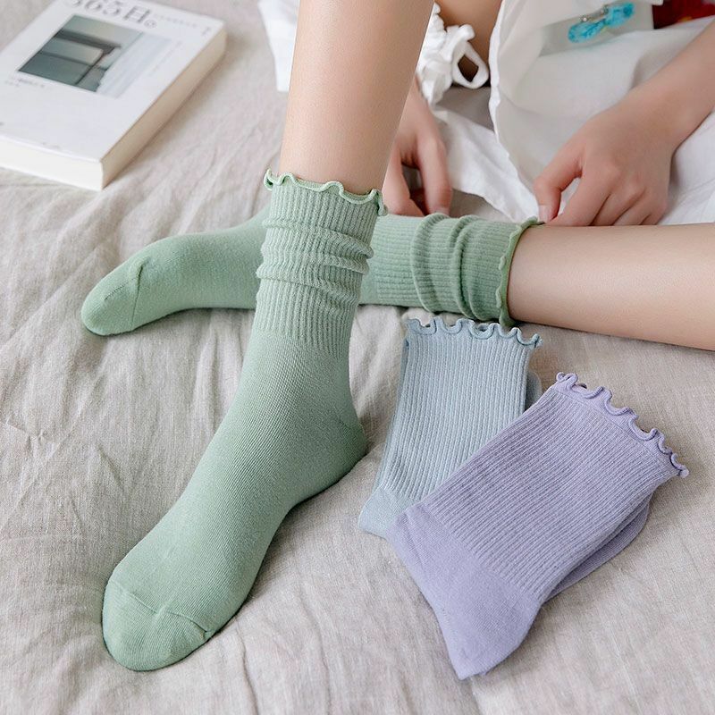 6/12 Pairs Fashion High Quality Women Ruffle Lace Cute Socks Cotton  Autumn Winter Solid Color Long Breathable Mid Tube Socks