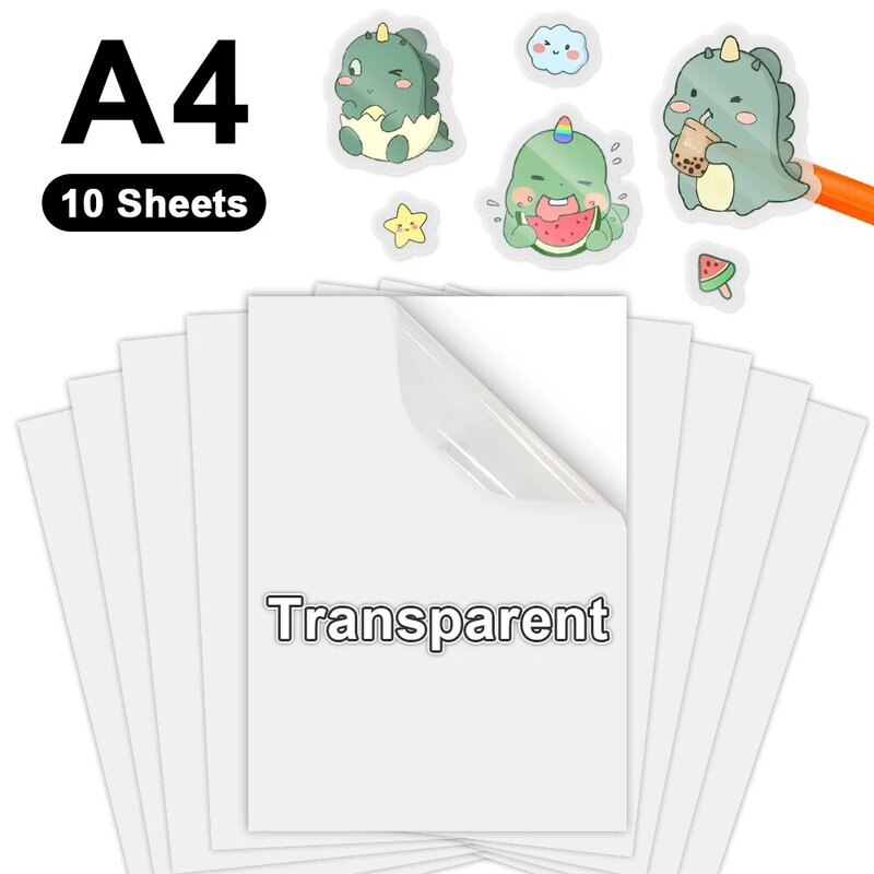 10 Sheets Transparent Printable Vinyl Sticker Paper A4 Glossy White Waterproof Self-Adhesive Copy Paper for all Inkjet Printer