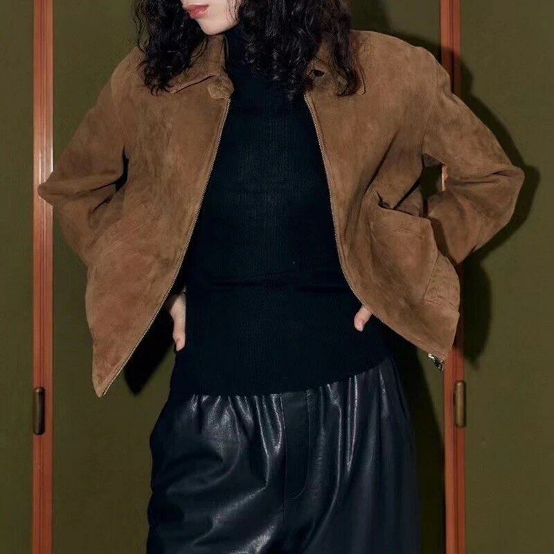 Klasyczna damska kurtka zamszowa Brązowa prawdziwa skóra owcza Jednorzędowa parka Vintage z długim rękawem Szykowny płaszcz wierzchni