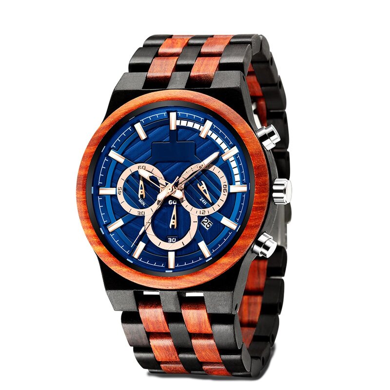 Men's wooden waterproof quartz wristwatches, multifunctional large dial luminous analog display calendar watch best gift for men